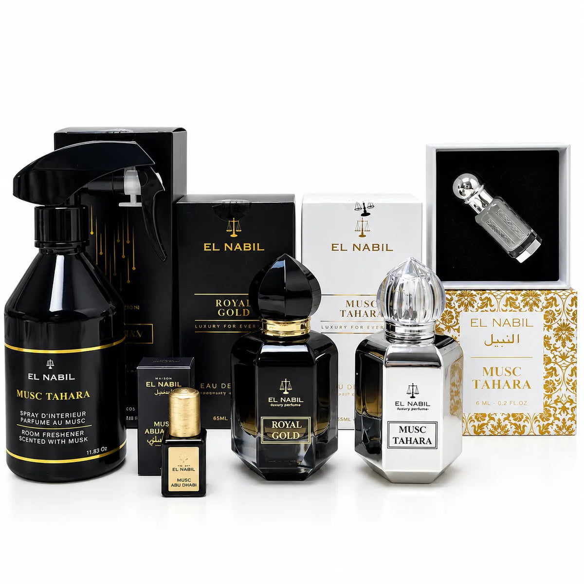 Ensemble de parfums El Nabil sur fond blanc avec Royal Gold, Musc Tahara, spray d'intérieur et musc concentré Abu Dhabi.