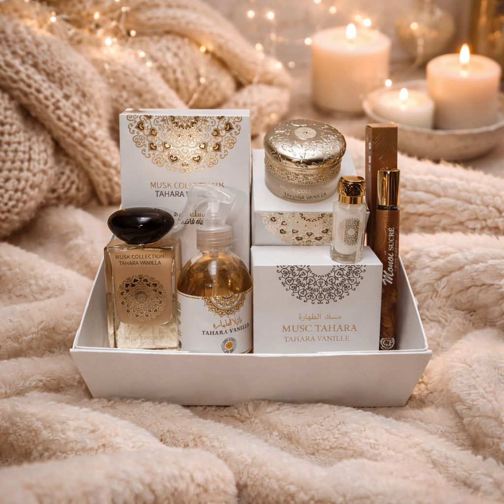 Coffret parfum femme Tahara vanilla. Vaseline musc concentré spray textile et parfum de poche.