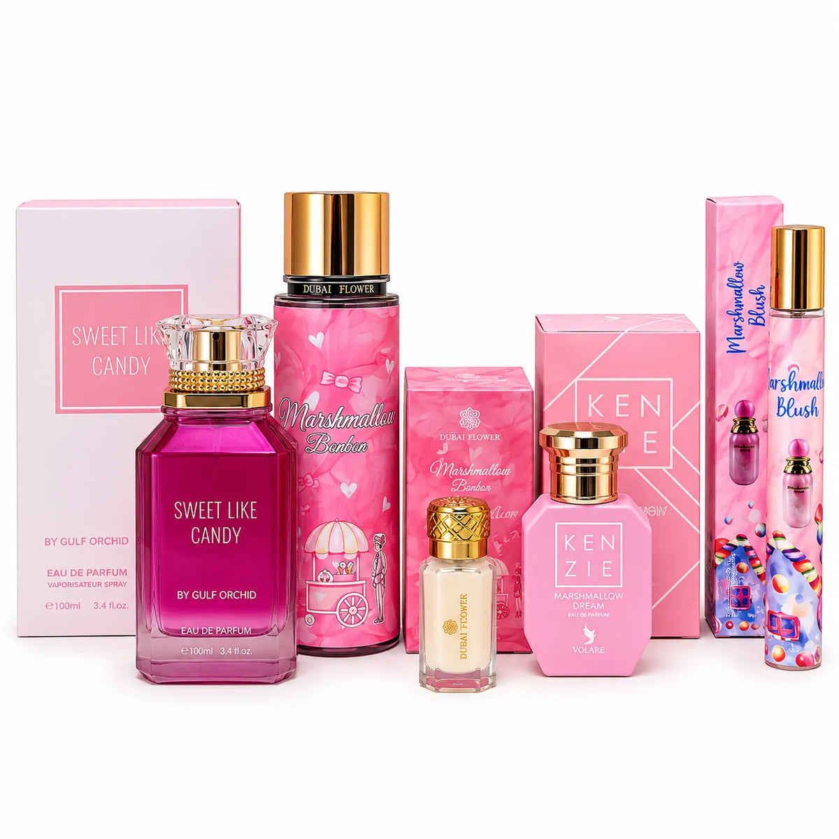 Sélection de parfums femme Pink Candy sur fond blanc : eau de parfum Sweet Like Candy, Kenzie Marshmallow Dream, brume 250 ml et musc concentré Marshmallow Bonbon, parfum de poche Marshmallow Blush.