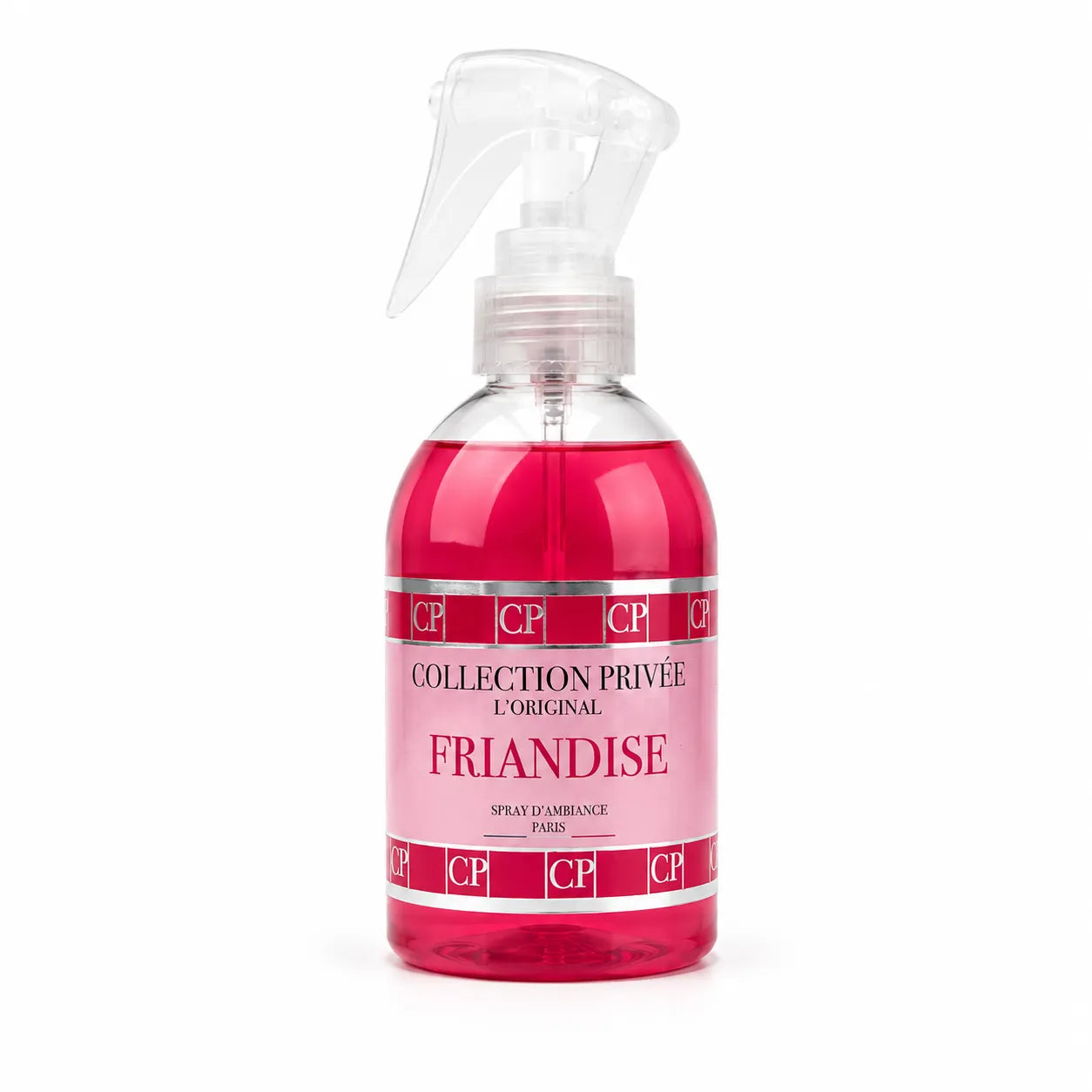 Spray d'ambiance Friandise 250 ml – Collection Privée L'Original Paris, flacon transparent liquide rose fuchsia