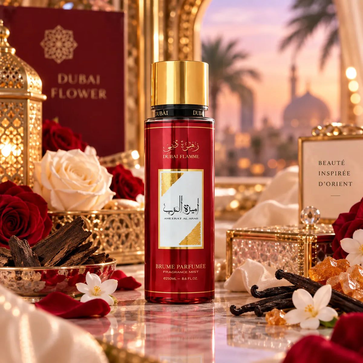 Brume parfumée Ameerat Al Arab Dubai Flower 250 ml dans une ambiance orientale