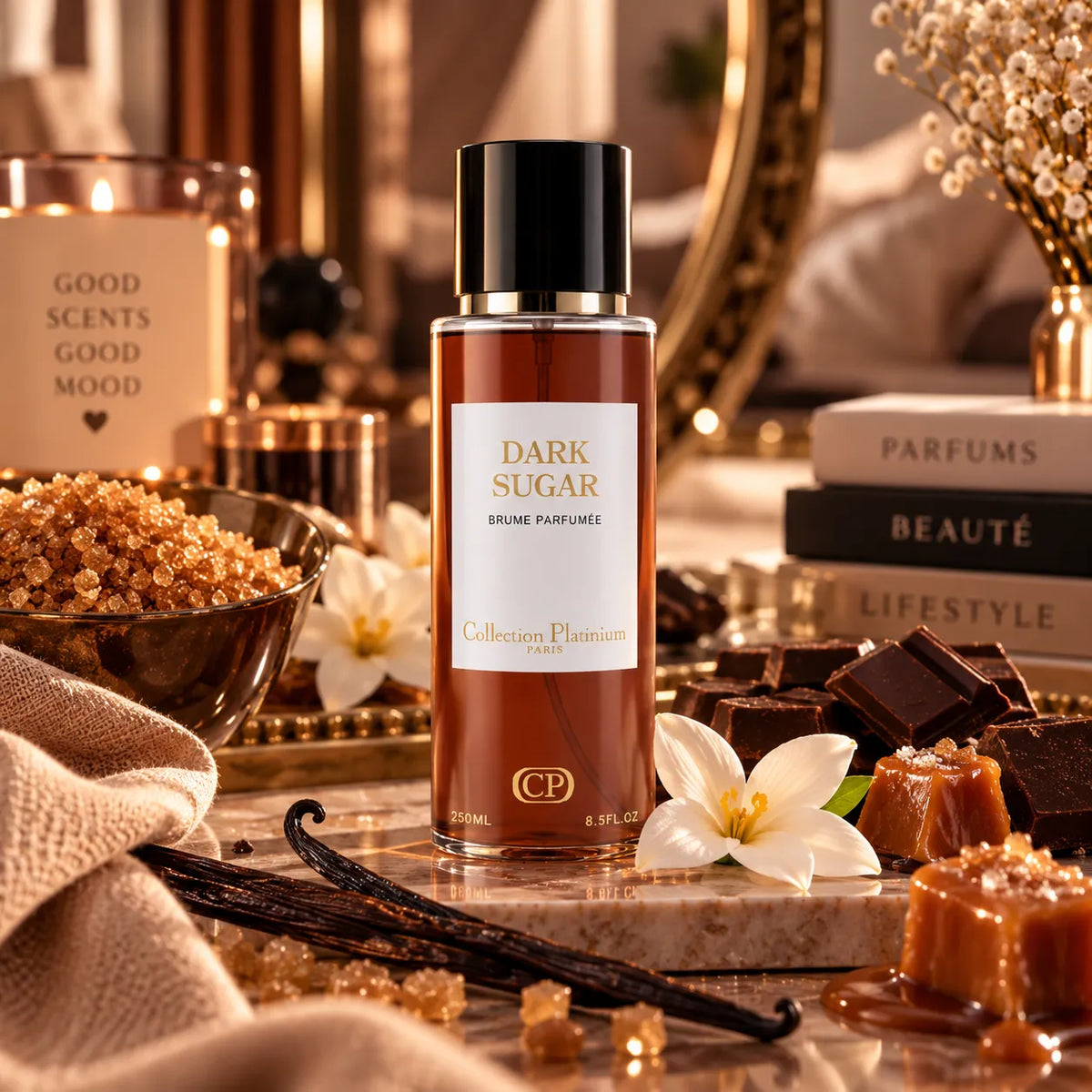 Brume parfumée Dark Sugar Collection Platinium dans une ambiance gourmande vanille caramel
