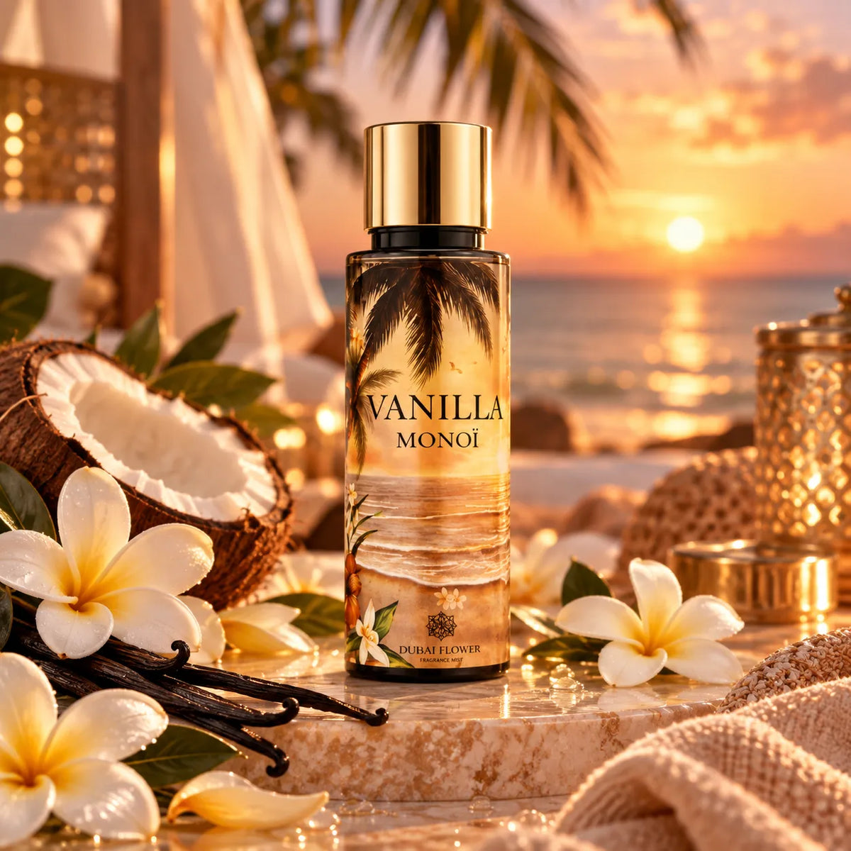 Brume parfumée Vanilla Monoï Dubai Flower dans une ambiance tropicale avec fleurs de monoï, vanille et noix de coco