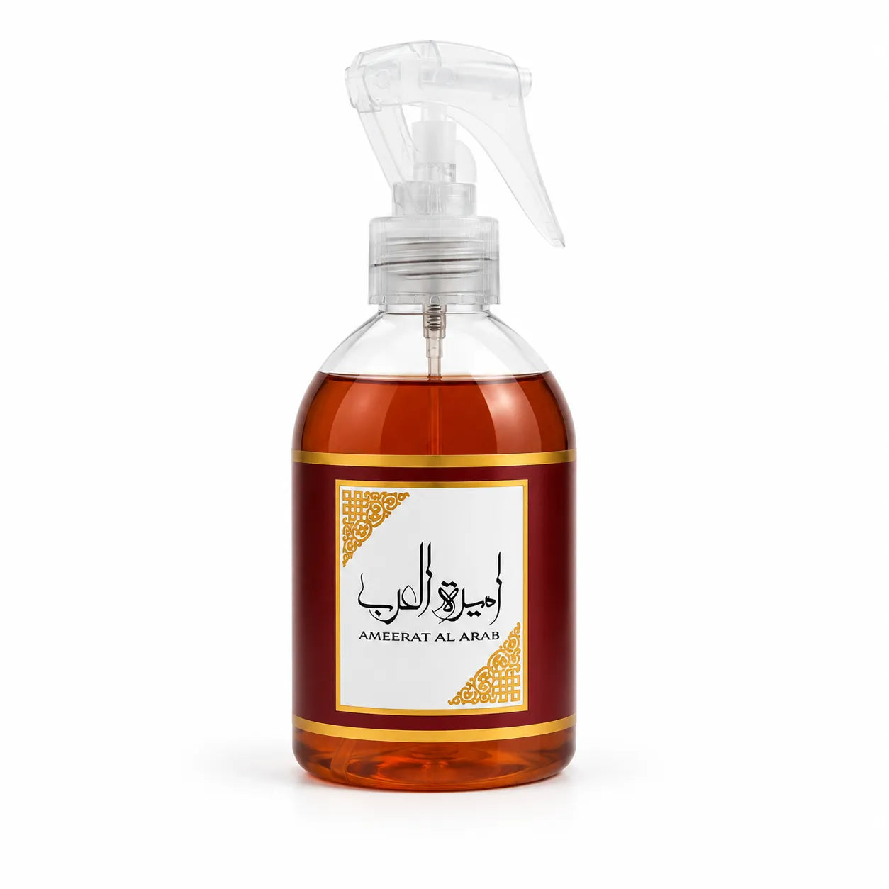 Spray textile Ameerat Al Arab 250 ml – senteur orientale oud ambre musc, flacon transparent liquide ambré