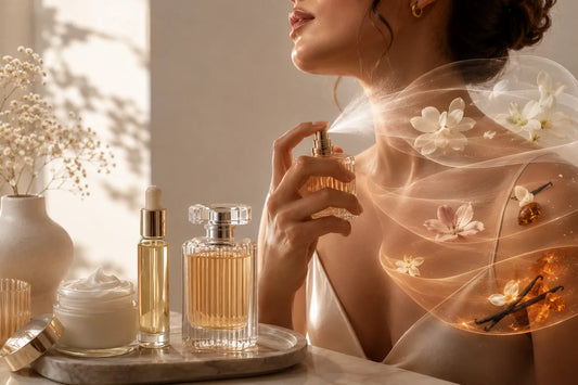 Femme appliquant un parfum en layering sur le cou, avec plusieurs flacons et une crème sur un plateau doré – technique de superposition de senteurs