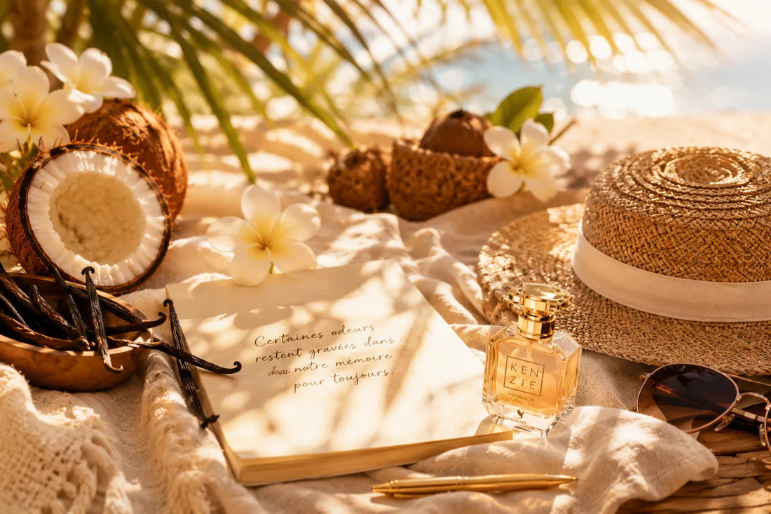 Flacon eau de parfum vanille posé sur un livre Souvenirs, entouré de fleurs séchées et de lettres manuscrites — ambiance douce et nostalgique