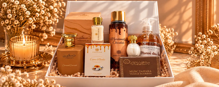 Coffret parfumé gourmand Caramel Addict avec Caramel Cascade, Marshmallow Chocolate, Crème Brûlée et musc Tahara Vanille Bourbon, présenté dans un écrin élégant aux tons dorés – SMOGSENTEUR.