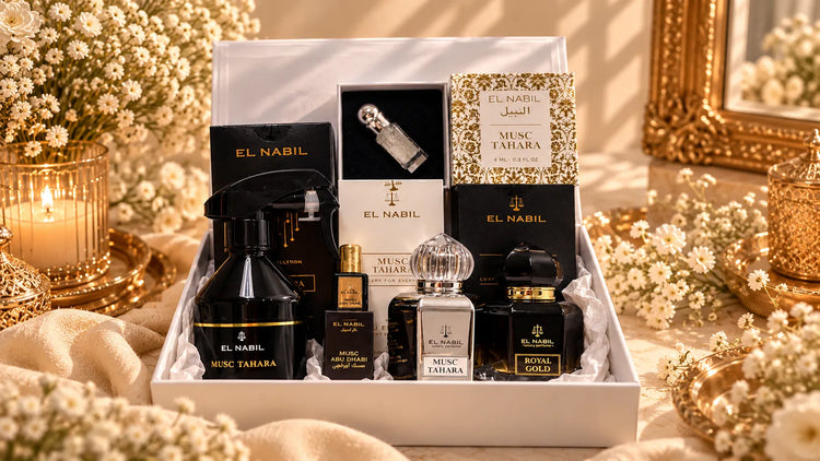 Bannière de la collection de coffrets parfumés Royal Prestige SMOGSENTEUR, avec parfums El Nabil, Musc Tahara et Royal Gold, dans un univers élégant noir, blanc et doré.