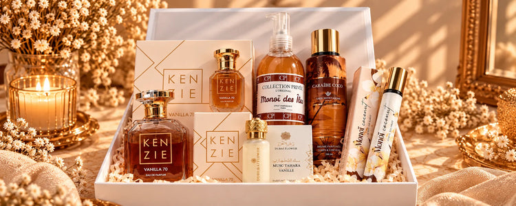 Coffret parfumé Vanilla Paradise aux notes de vanille, coco et monoï, avec parfum Kenzie Vanilla 70, brume et musc Tahara Vanilla – Collection Vanille Addictive SMOGSENTEUR.