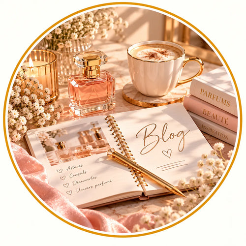 Blog SMOGSENTEUR dédié aux parfums de Dubaï, conseils parfumés, astuces beauté et découvertes olfactives, illustré par un carnet, un flacon de parfum et une tasse de café sur fond beige avec bordure dorée.