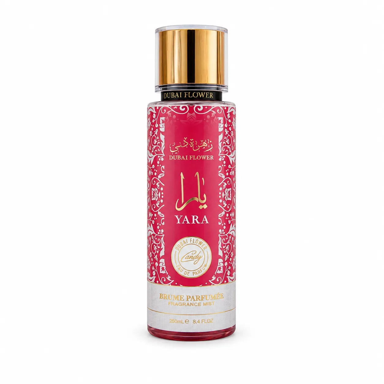 Brume parfumée Yara Candy Dubai Flower 250 ml pour corps et cheveux – senteur fruitée et gourmande 