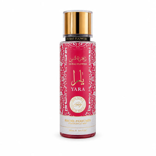Brume parfumée Yara Candy Dubai Flower 250 ml pour corps et cheveux – senteur fruitée et gourmande 
