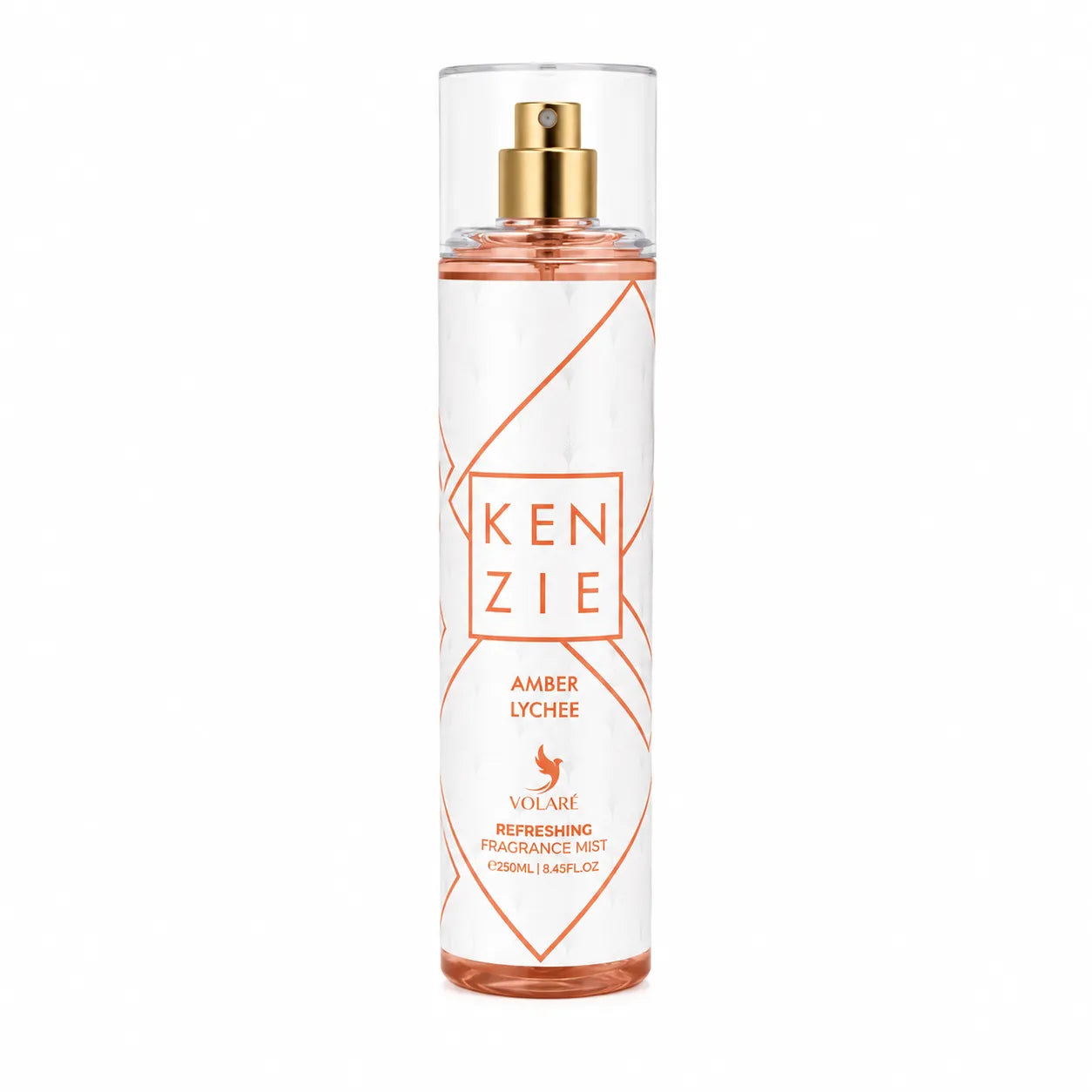 Brume parfumée Kenzie Amber Lychee 250 ml – Volaré Refreshing Fragrance Mist, flacon transparent avec bouchon doré