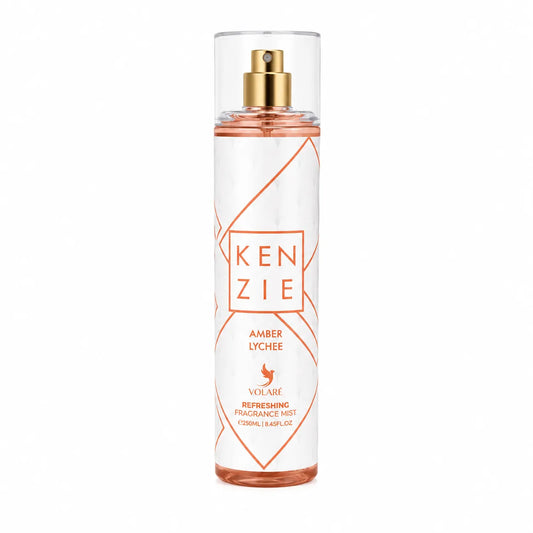 Brume parfumée Kenzie Amber Lychee 250 ml – Volaré Refreshing Fragrance Mist, flacon transparent avec bouchon doré