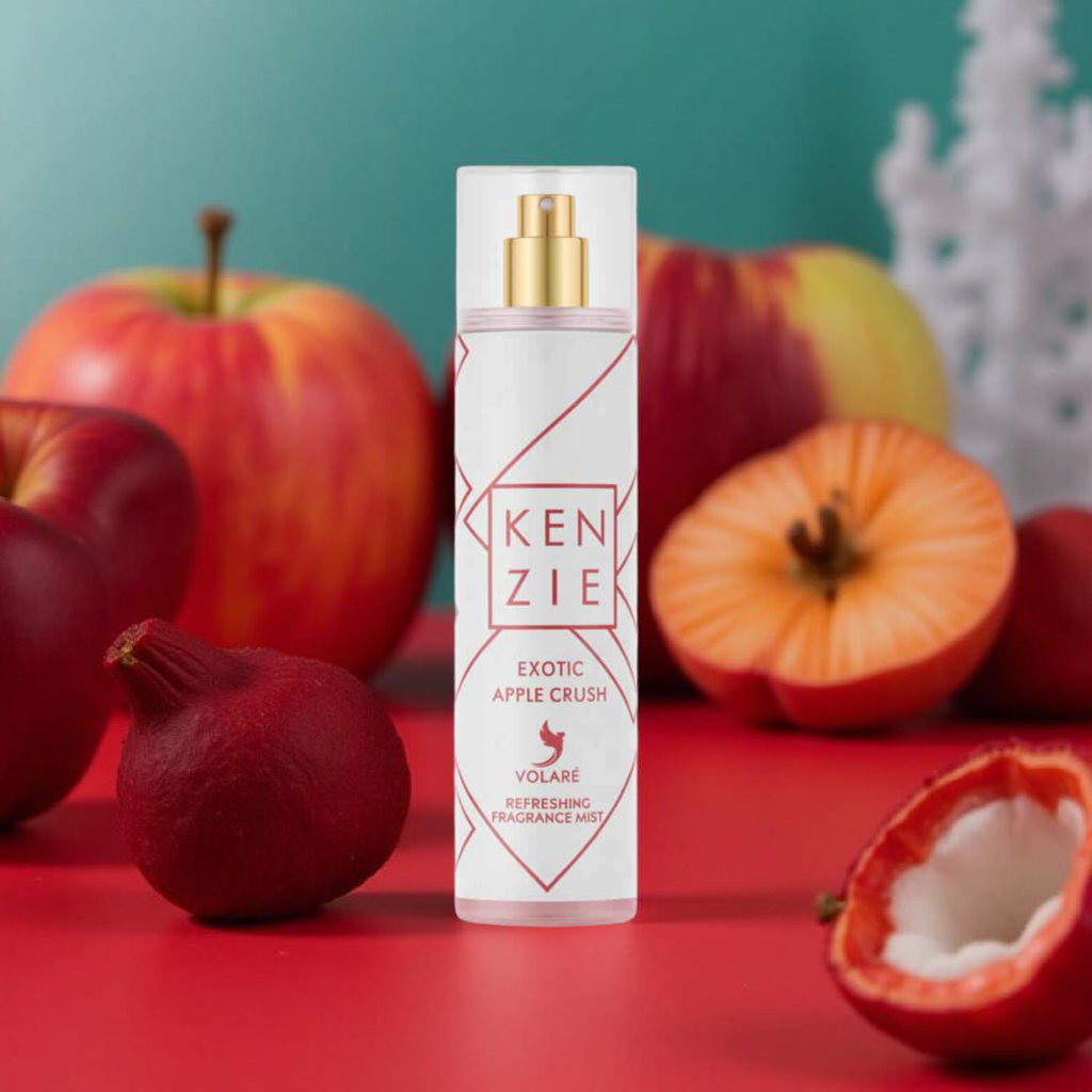 Brume parfumée Kenzie Volante Exotic Apple Crush 250 ml – parfum unisexe fruité et sensuel aux notes de pomme rouge, litchi, jasmin, vanille et musc, flacon élégant.