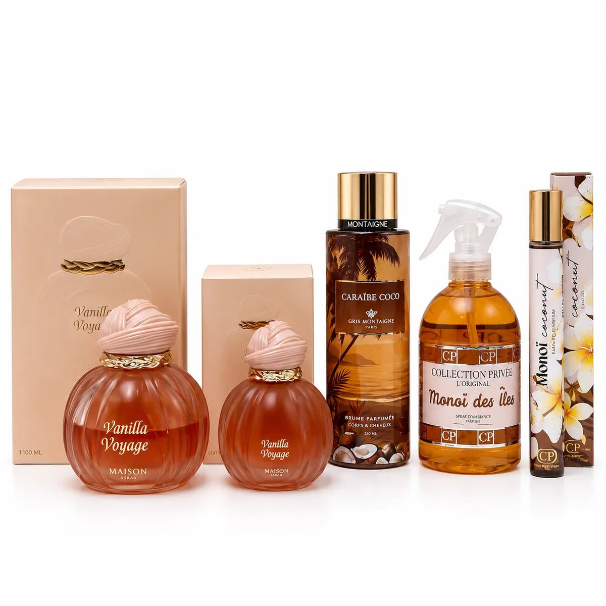 Coffret cadeau Évasion Dorée aux senteurs gourmandes et exotiques, associant Vanilla Voyage Maison Asrar, noix de coco et monoï. Une sélection parfumée élégante pour femme, idéale à offrir ou à s’offrir.