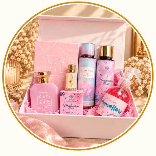 Coffret parfumé gourmand aux notes de marshmallow, barbe à papa et bonbon, présenté dans une box rose. Découvrez les coffrets parfums de Dubaï SMOGSENTEUR.