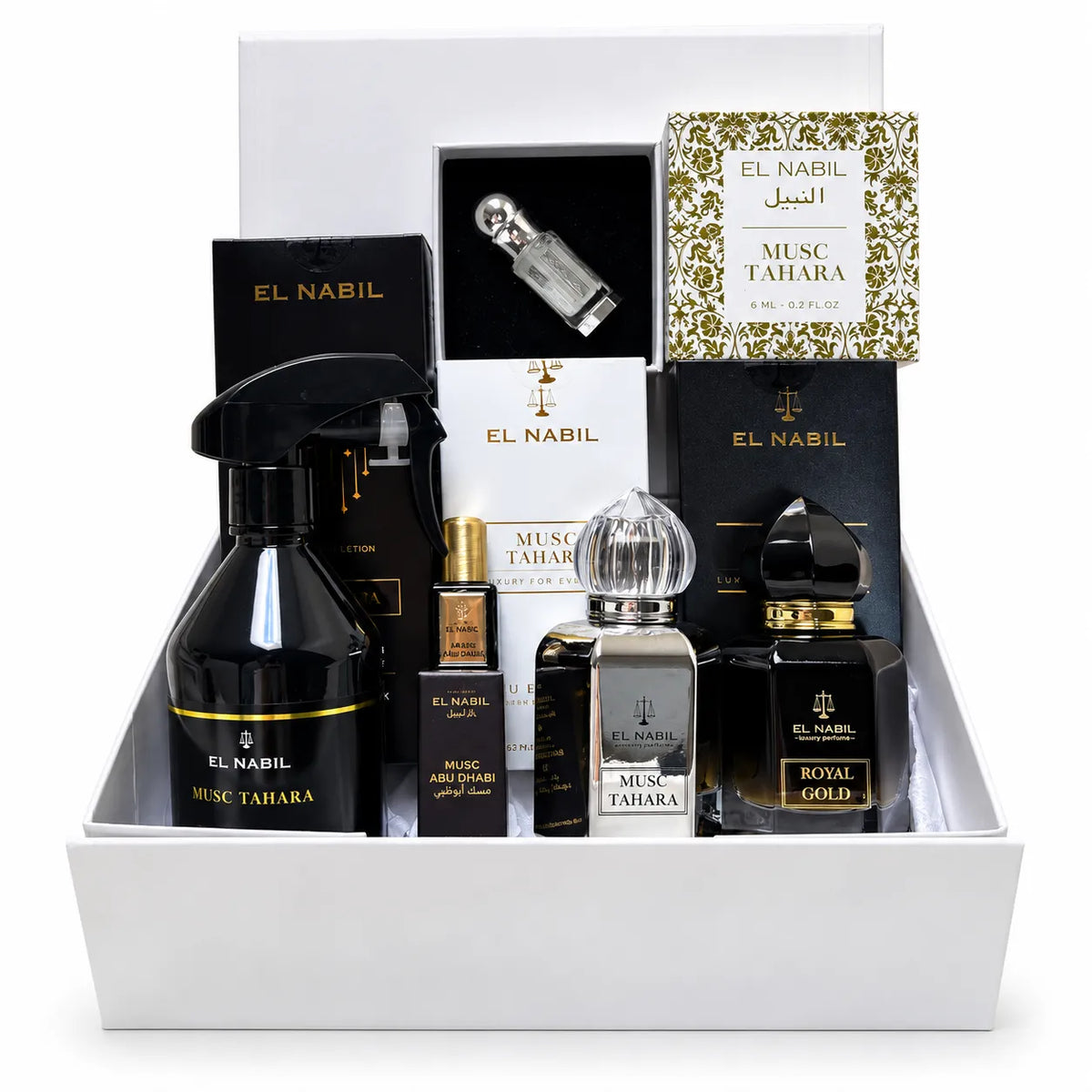 Coffret Prestige El Nabil avec parfums Musc Tahara et Royal Gold, spray textile Musc Tahara, musc Abu Dhabi et roll-on parfumé.