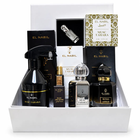 Coffret Prestige El Nabil avec parfums Musc Tahara et Royal Gold, spray textile Musc Tahara, musc Abu Dhabi et roll-on parfumé.