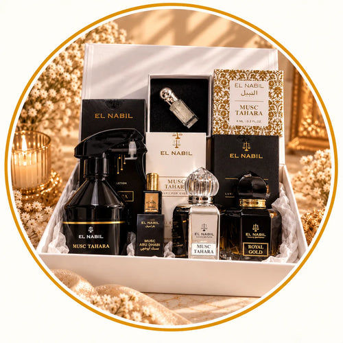 Coffret parfumé El Nabil aux notes musquées, composé de Musc Tahara, Royal Gold et Musc Abu Dhabi, présenté dans une box cadeau élégante noire et dorée. Collection SMOGSENTEUR.
