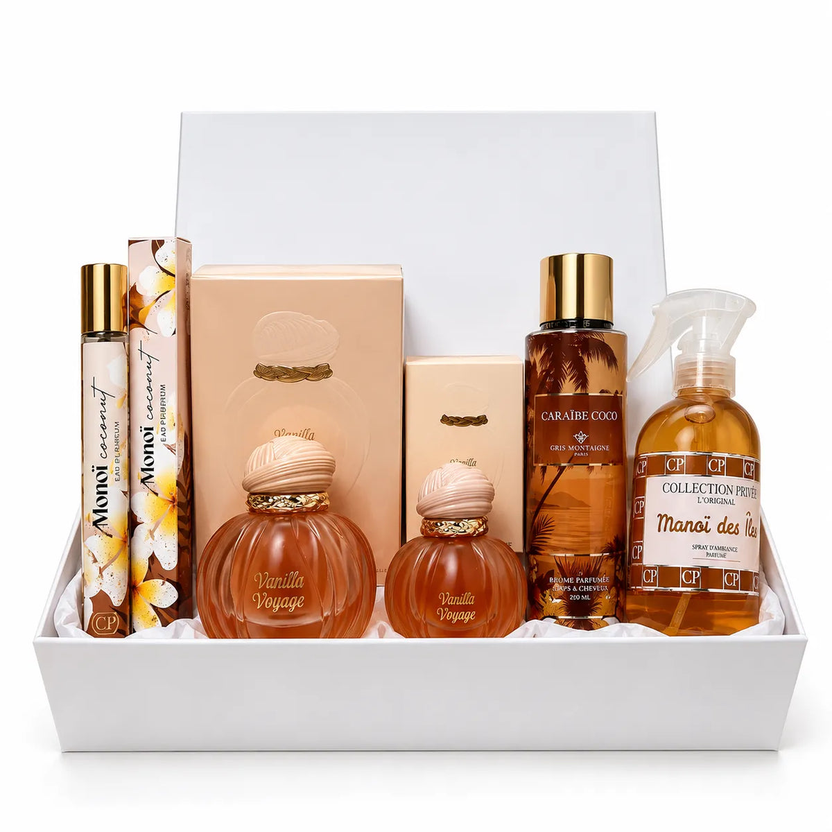 Coffret Évasion Dorée – Coffret parfum femme aux senteurs vanille, coco et notes exotiques. Composé du parfum Vanilla Voyage Maison Asrar, de brumes parfumées et de soins parfumés. Idée cadeau femme gourmande et raffinée.