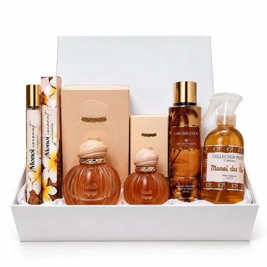 Coffret Évasion Dorée – Coffret parfum femme aux senteurs vanille, coco et notes exotiques. Composé du parfum Vanilla Voyage Maison Asrar, de brumes parfumées et de soins parfumés. Idée cadeau femme gourmande et raffinée.
