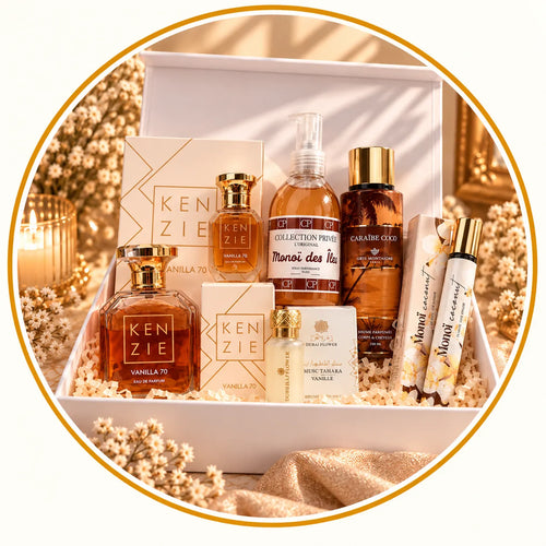 Coffret parfumé vanille de Dubaï avec Kenzie Vanilla 70, musc Tahara vanille et senteurs monoï coco, présenté dans une box cadeau élégante aux tons beige et doré.