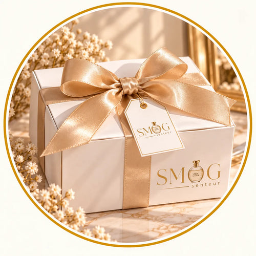 Coffret cadeau blanc avec ruban doré SMOGSENTEUR, représentant notre collection de coffrets parfumés de Dubaï pour femme et homme, à offrir ou à s’offrir.