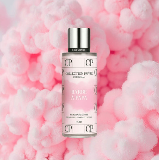 Brume parfumée Barbe à Papa Collection Privée 250 ml – parfum sucré de sucre filé, fraise et vanille, flacon rose girly.