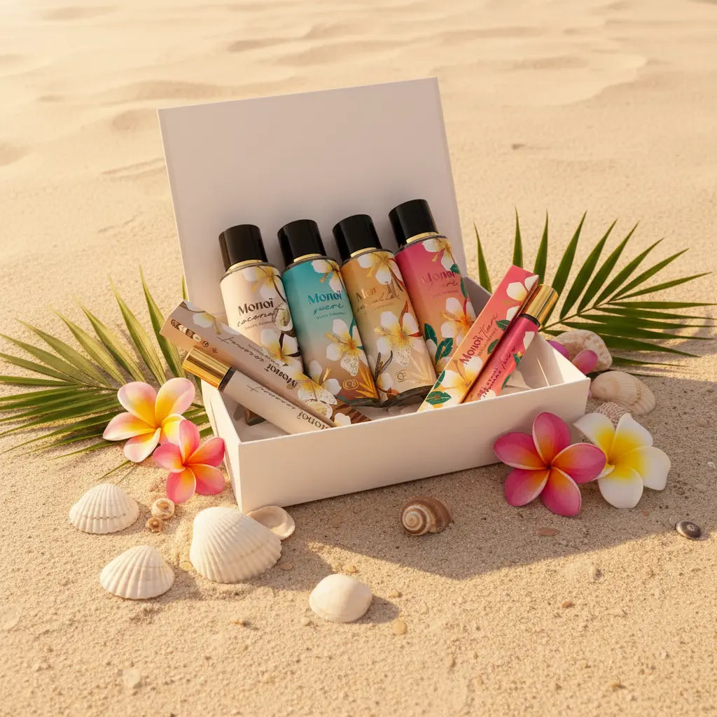 Coffret cadeau femme monoï – 4 brumes et 2 parfums de poche aux senteurs exotiques tiaré et coconut | Smogsenteur