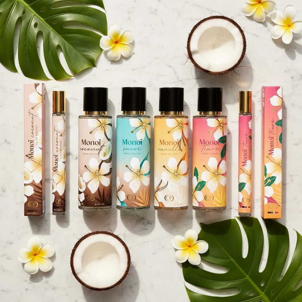 Coffret Monoï Collection – 4 brumes parfumées et 2 eaux de parfum de poche Coconut, Sucré, Vanille, Tiaré | Smogsenteur