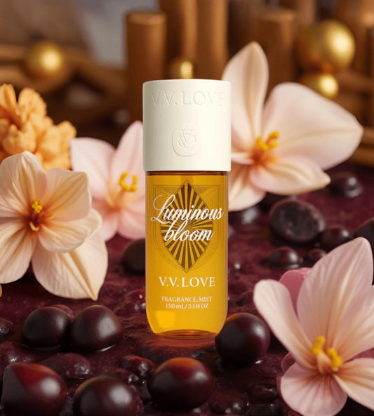 Brume parfumée Luminous Bloom 150 ml avec notes de prune noire, jasmin, orchidée et musc sensuel, parfum solaire et fruité.